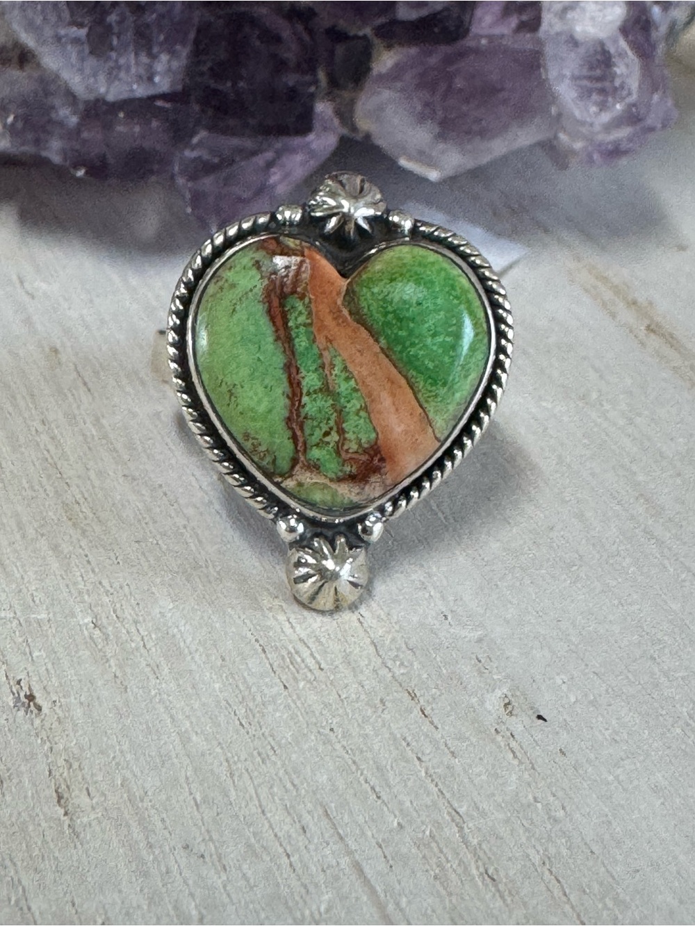 Green Sediment Jasper Sterling Silver Heart Ring - Green and Brown - Size 8